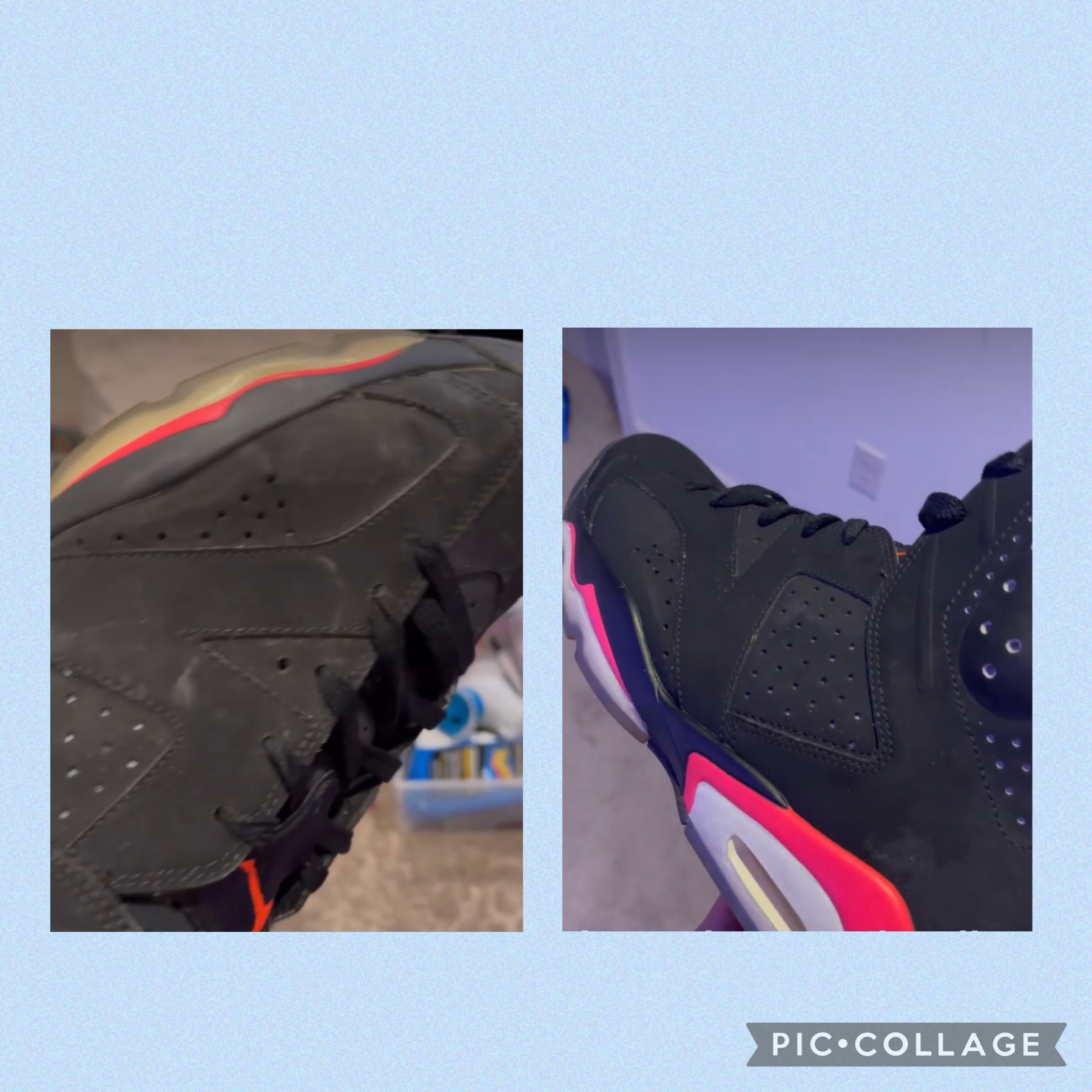 Actual before and after restoration result on a black and infrared sneaker